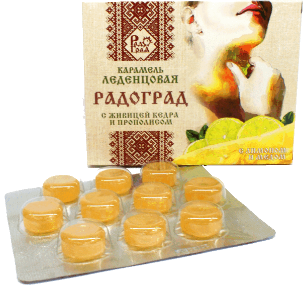 Леденцы с живицей кедра, медом и лимоном (без сахара) "Радоград" / 10 шт.